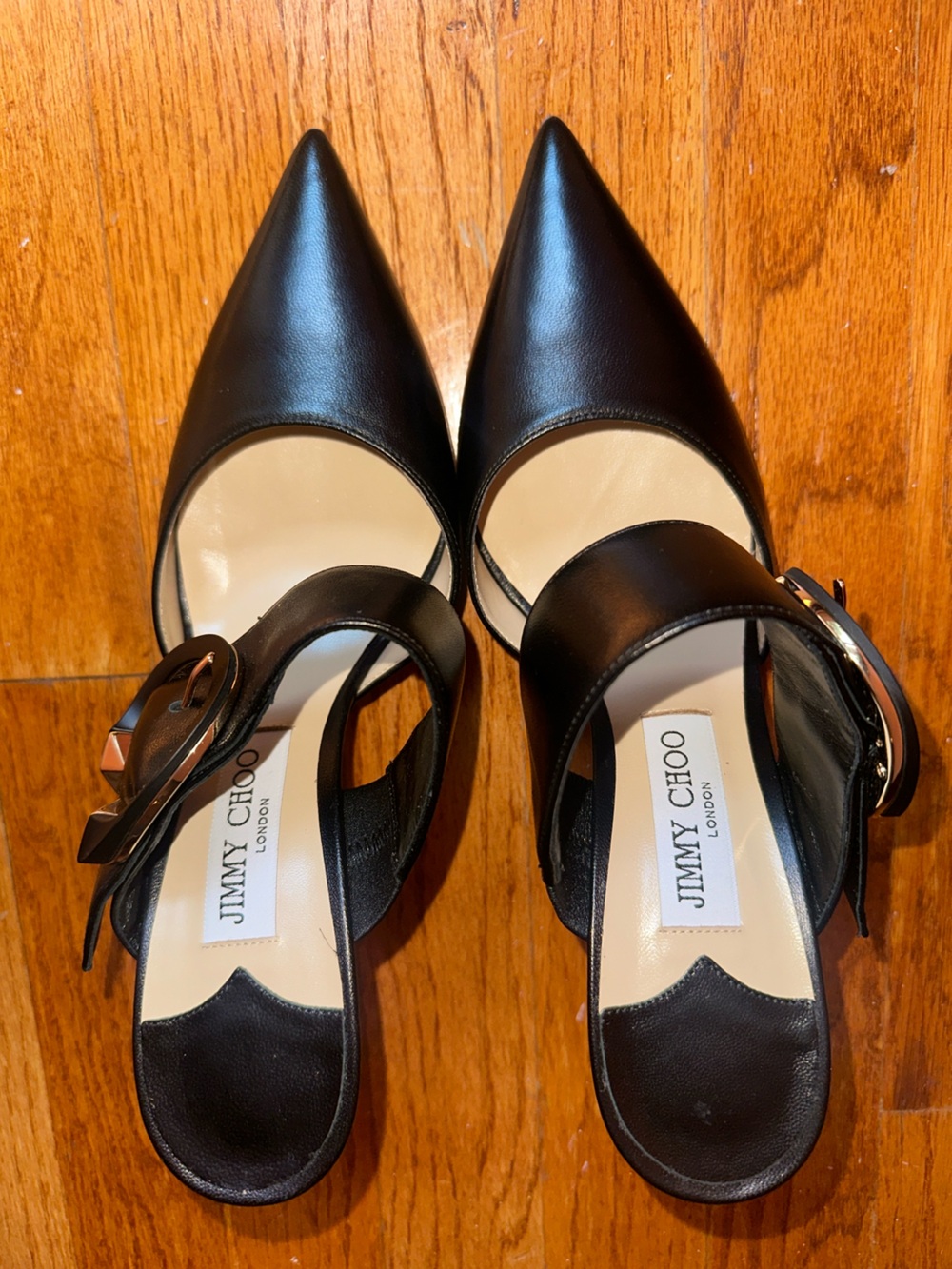 Jimmy Choo Black Leather Pointed-Toe Slingbacks with Buckle